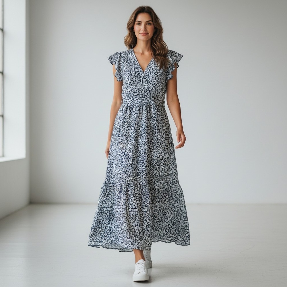 Prettygarden Blue White Leopard Print Wrap Maxi Dress V-Neck Belted Ruffle